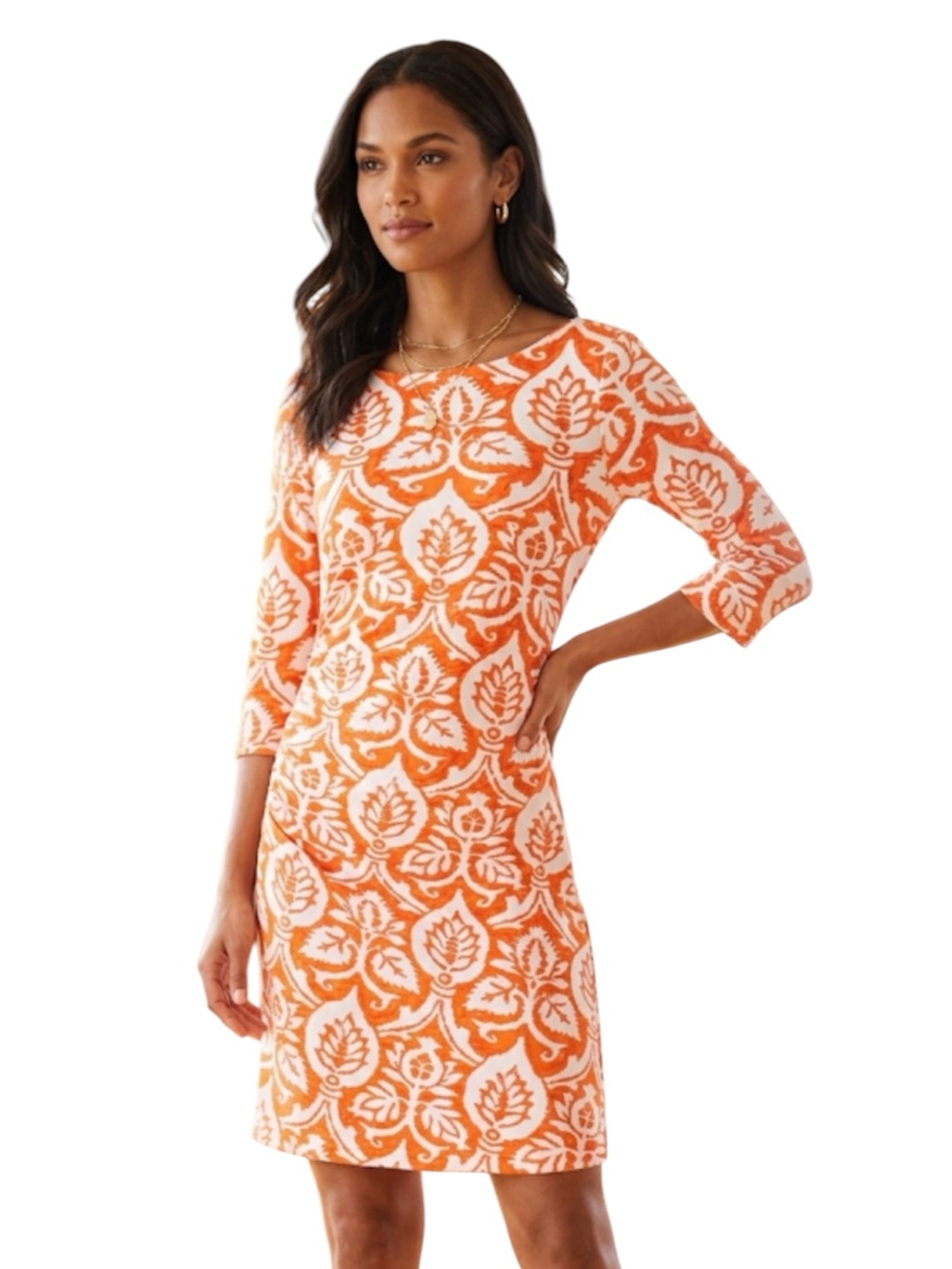 J McLaughlin Catalina Orange White Damask Ruched Sheath Dress 3/4 Sleeve S
FF